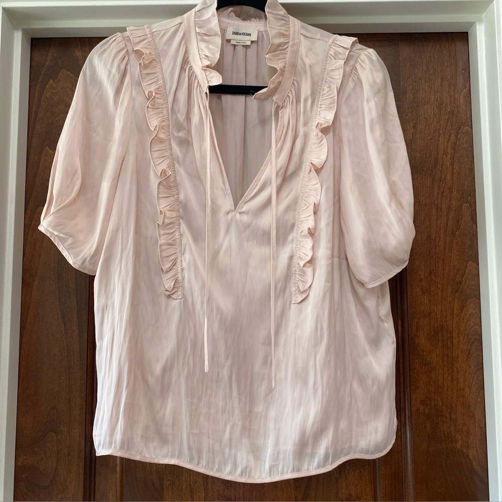 Zadig & Voltaire Women's Talino Satin Tie Neck Blouse in Shell Pink Sz S